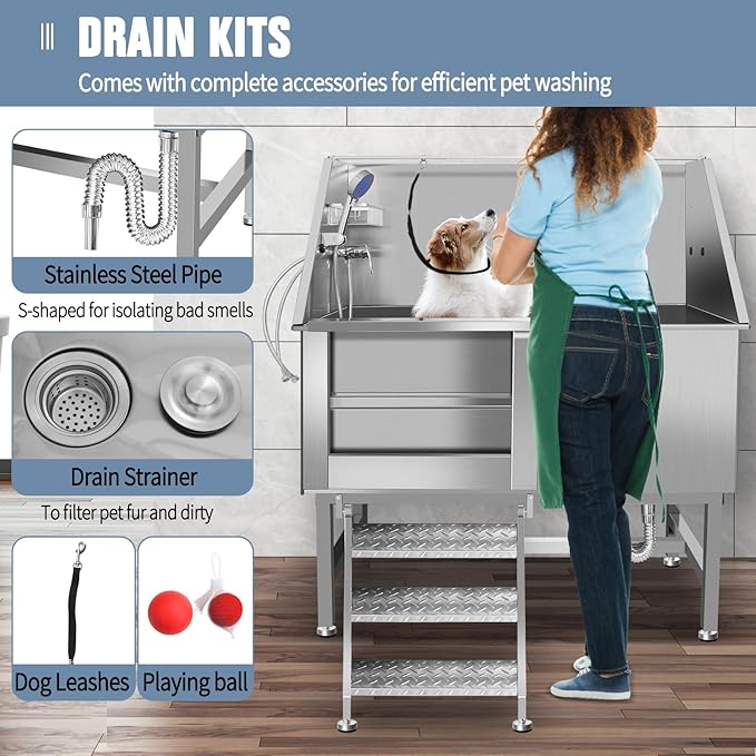 Dog Washing Station 38'' Stainless Steel Pet Grooming Tub for Large Dogs Over-Size Professional Dog Grooming Bathtub Station Wash Shower Sink Pet Grooming Bathtub Station