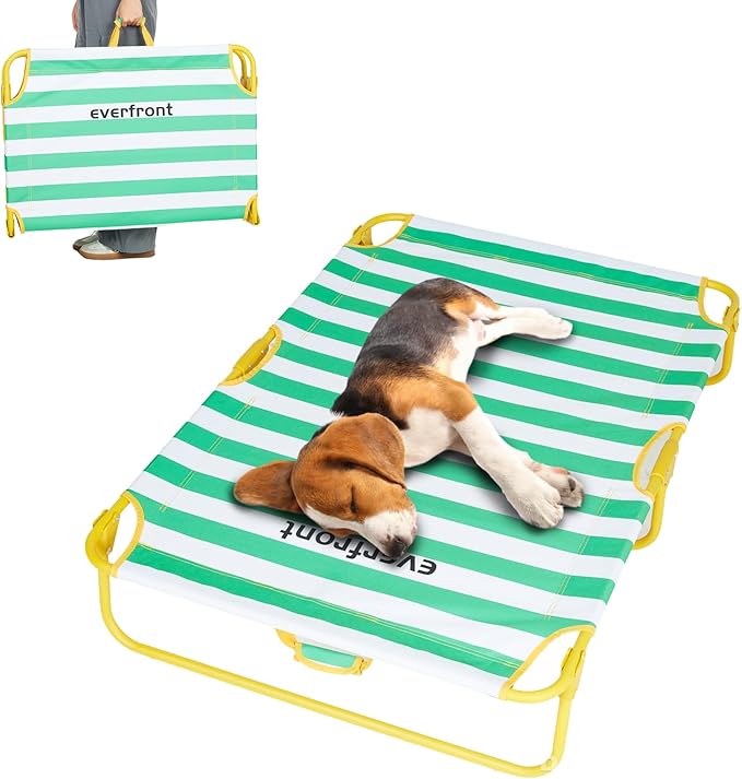 Dog Elevated Bed Foldable Portable Raised Bed Camping cot Outdoor Summer Dog Bed (Medium, GreenStripes-Oxford Fabric)