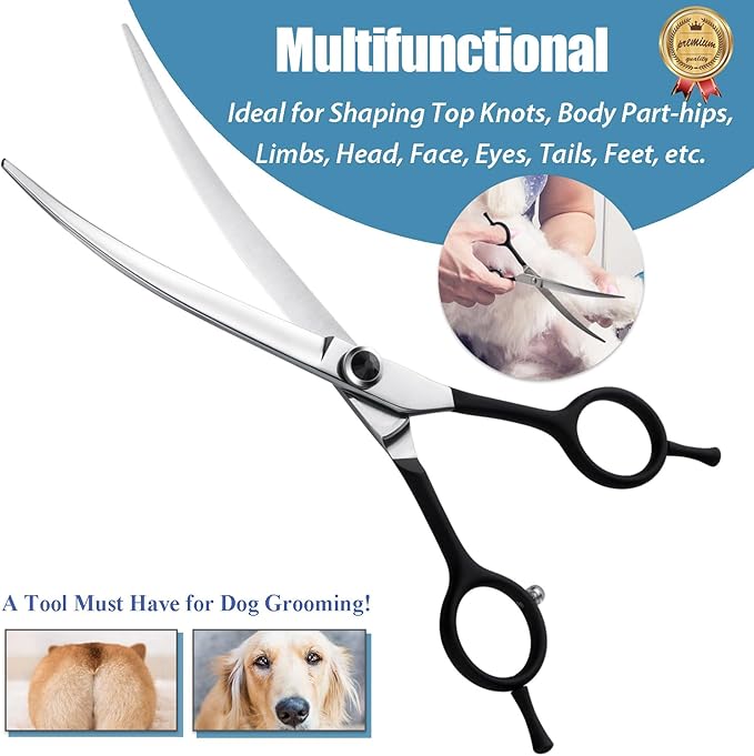 Dragon Creek 7" Upward Curved Dog Grooming Scissors - Safety Shears for Face & Paws Trimming - Black