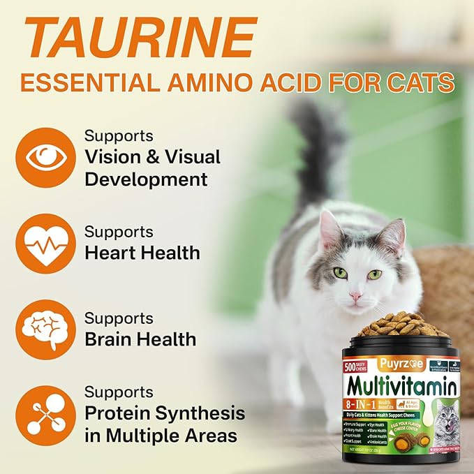 Cat Multivitamin - 500 Chews Crunchy & Creamy Cheese Core, Cat Vitamins + Taurine for 8-in-1 Support - Immune, Urinary, Heart, Skin & Coat, Eyes, Brain, Bone for Cats Kittens - Egg Yolk Flavor