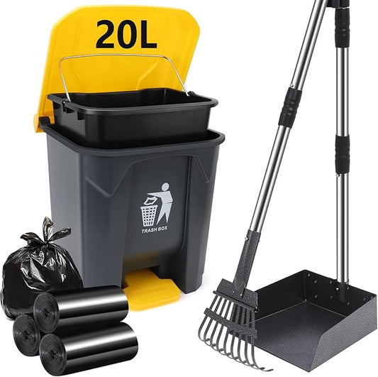 Dog Pooper Scooper, 20L Large Dog Poop Trash Can Outside with Removable Inner Bucket, Poop Trash Can for dog Outdoors with 90 Waste Bags, 37inch Long Handle Stainless Metal Tray & Rake