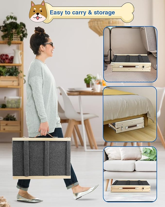 Adjustable Dog Ramp, Wooden Folding Portable Pet Ramp,Rated for 30 LBS, 32.6" Long and Adjustable from 10" to 19" with Non-Slip Traction Mat, Dog Step for Bed, Couch,Car (Grey)
