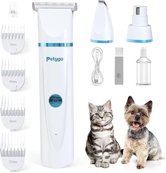 3-in-1 Dog & Cat Grooming Kit - Rechargeable Cordless Pet Hair Clippers with Nail Grinder & Paw Trimmer & 5 Guide Combs, Low Noise Dog Clippers for Grooming Small Medium Pets