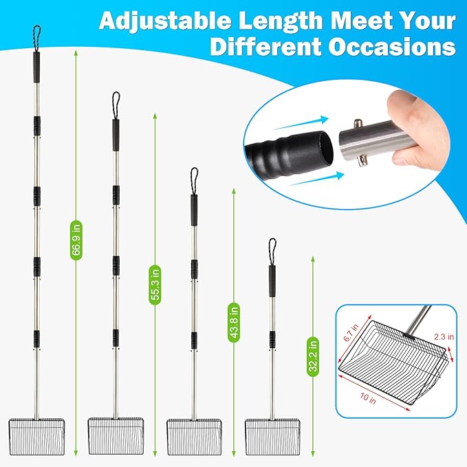 10inch Large Metal Chicken Poop Scooper,32 to 67" Adjustable Long Chicken Coop Litter Scoop,Heavy Duty Sifting Shovel for Chicken Coop & Pet Waste Cleaning
