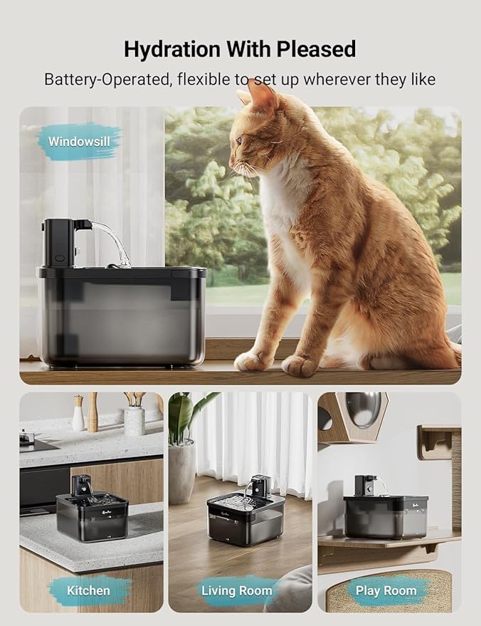 DownyPaws Battery Operated Cat Water Fountain, 84oz/2.5L Fursink Wireless Cat Waterer Fountain with Motion Sensor, BPA-Free, Black with 6 Filters