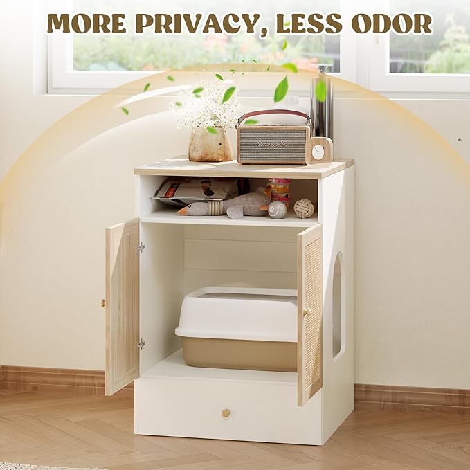 Cat Litter Box Enclosure Furniture Hidden - Indoor 3-in-1 Wooden Cat House & Washroom Cabinet with Scratching Board Doors, Shelf and Feeder Bowls, 23.6”x17.7”x32.7”H