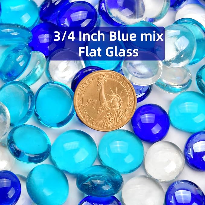5LB Blue Mix Flat Glass Marbles for Vases, Mancala Stones Gemstone Beads Vase Filler Decorative Glass Pebbles for Fish Tank, DIY Crafts, Aquarium Decor Rocks