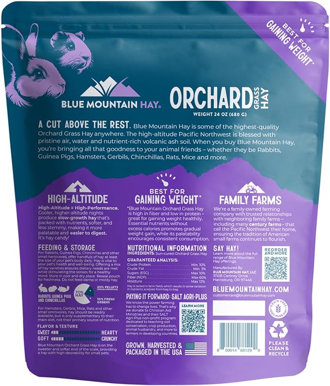 Blue Mountain Hay | Fresh Orchard Grass Hay (24 Ounce) | High Fiber, Soft & Leafy | High-Altitude Hay Pet Food for Rabbits, Guinea Pigs, Chinchillas, Hamsters, and Other Small Pets