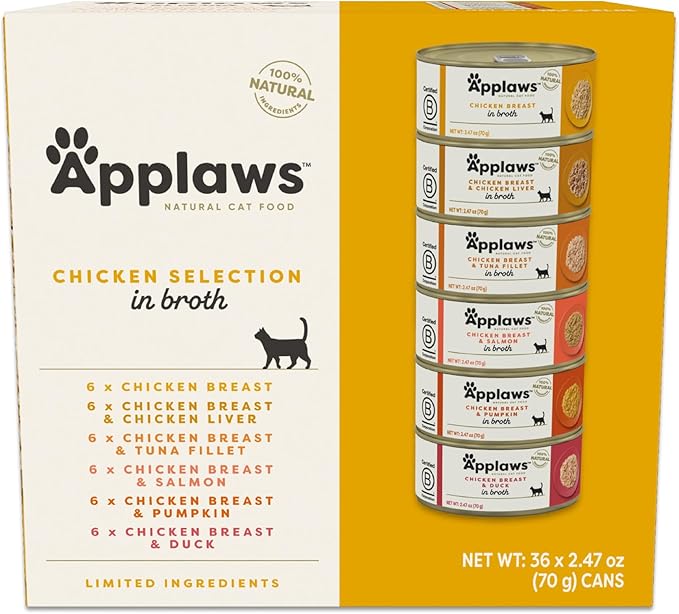 Applaws Natural Wet Cat Food in Broth, Limited Ingredient Canned Wet Cat Food, No Additives, Made with Natural Ingredients, Chicken Selection in Broth Cans (36 x 2.47oz Cans)