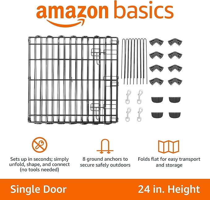 Amazon Basics Foldable Octagonal Metal Exercise Puppy / Dog Playpen - Indoor/Outdoor, Single Door, Extra Small (8 Panels, 24 x 24), Easy to assemble and store, 24" - Puppy, Black