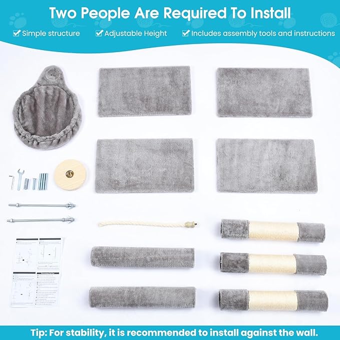 Cat Tree 5-Tier Floor to Ceiling, 89-109 Inch Adjustable Height Cat Tower with Cozy Hammock, Cat Climbing Tree for Indoor Cats, Gery