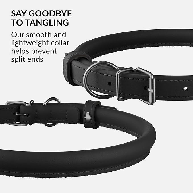 CollarDirect Rolled Leather Dog Collar, Soft Padded Round Puppy Collar, Handmade Genuine Leather Collar Dog Small Large Cat Collars 13 Colors (11-14 Inch, Black Smooth)