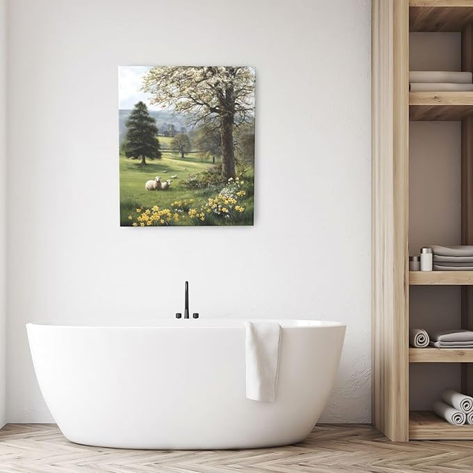 Country Sheep Canvas Wall Decor Farmhouse Rustic Lamb Wildflower Wall Art Nature Countryside Landscape Pictures Painting Print Framed Artwork Decorations for Bathroom Living Room Bedroom 24"x20"