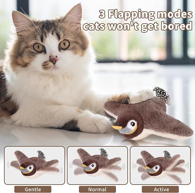 Cat Toys, Flapping Bird Cat Toy(No Flying), Interactive Catnip Toy with Springs & Catnip Bags, Chirping Noise Enrichment Moving Wings Dog Cat Kitten Toys, Flappy Flying Pets Toy for Indoor