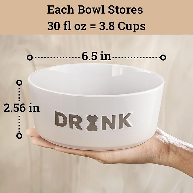 Ceramic Dog Bowl Set of 2 with Anti-Skid Base - 6.5" Wide x 2.5" Tall Ceramic Dog Bowls Medium Sized Dogs - 3.8 Cup Capacity Food and Water Bowls for Dogs - Rubber Bottom Pet Bowl Set of 2 Medium Size