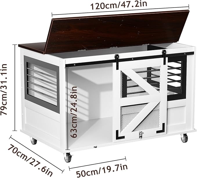 47 inch XL Dog Crate Furniture with Top-Access Teasing/Feeding Doors, Farmhouse Wooden Decorative Dog Crates with Wheels, Chew-Resistant Dog Crates End Table for Medium&Large Dogs, White