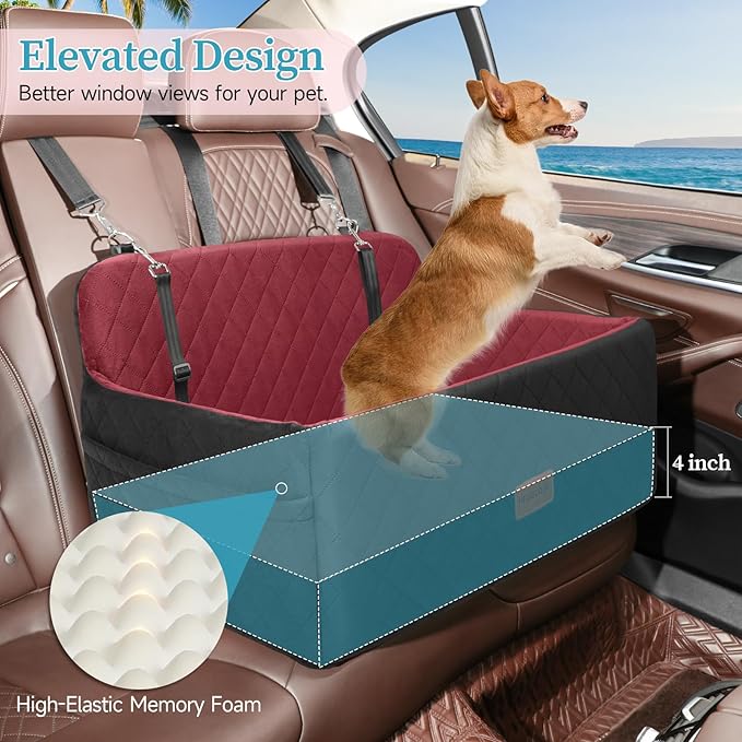 Dog Car Seat for Medium/Large Dogs, Pet Booster Seat for Under 55 lbs or 2 Small Dogs, Detachable & Washable Dog Car Bed for Backseat with 2 Safety Leashes (Blcak/red)