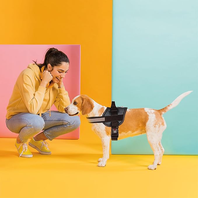 Dogline Dog Harness, Reflective No-Pull Adjustable Vest with Handle, Breathable No-Choke Harness for Small, Medium or Large Dogs Room for Patches Girth 33"-46" in Black