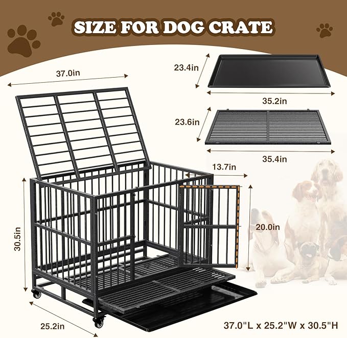 Dog Crate with Removable Tray, 37/42/46 Inch Indestructible and Escape Proof Steel Dog Cage Kennel for High Anxiety Dogs, Heavy Duty Dog Crate with Wheels, Double Door, Extra Large XL XXL
