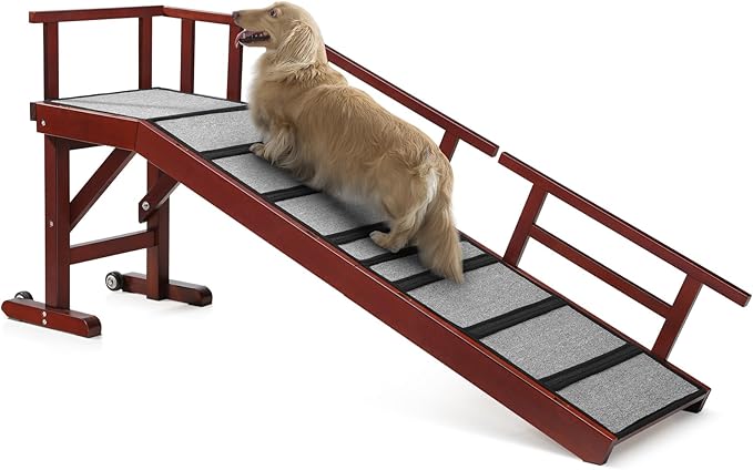 Dog Ramp for Bed or Couch, Wooden Pet Ramp with 20° Gentle Slope, Removable Side Rails, Non-Slip Surface, Top Platform & Wheels, Safe Bed Ramp for Small, Medium & Senior Dogs, 60" Long, Mahogany