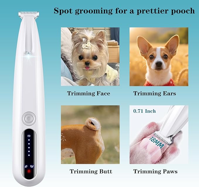 2 Mode Paw Trimmer for Dogs & Cats - Electric Quiet Dog & Cat Grooming Trimmer, Rechargeable Clipper with LED Light, 2 Blades, Waterproof for Paws/Ears/Face