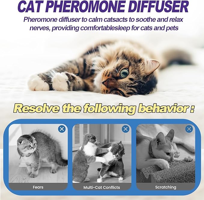 Cat Calming Diffuser, Cat Pheromones Calming Diffuser, Pheromone Dffuser to Calm Cats, Cat Calming Diffuser with 2 Diffuser + 4 Refill,120 Days for Cats Relief Stress Anxiety (Purple)