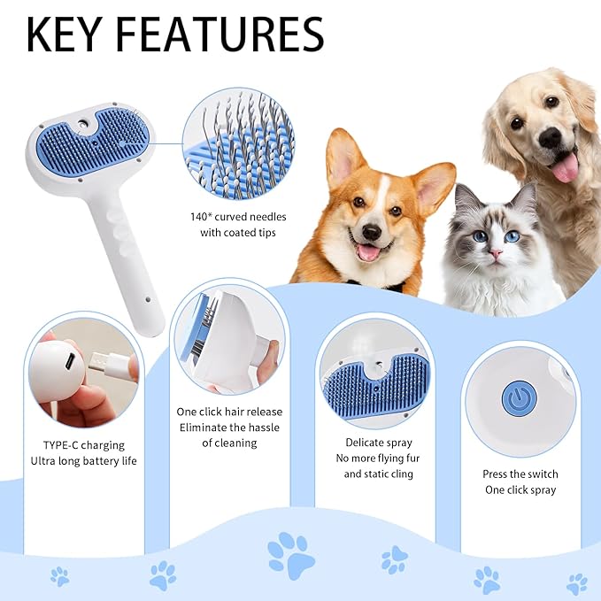 Cat Steam Brush for Shedding,3 In 1 Steam Brush for Dogs & Cats,Spray Hair Removal Comb,Includes Waterless Shampoo,Suitable for Long-haired and Short-haired Pets