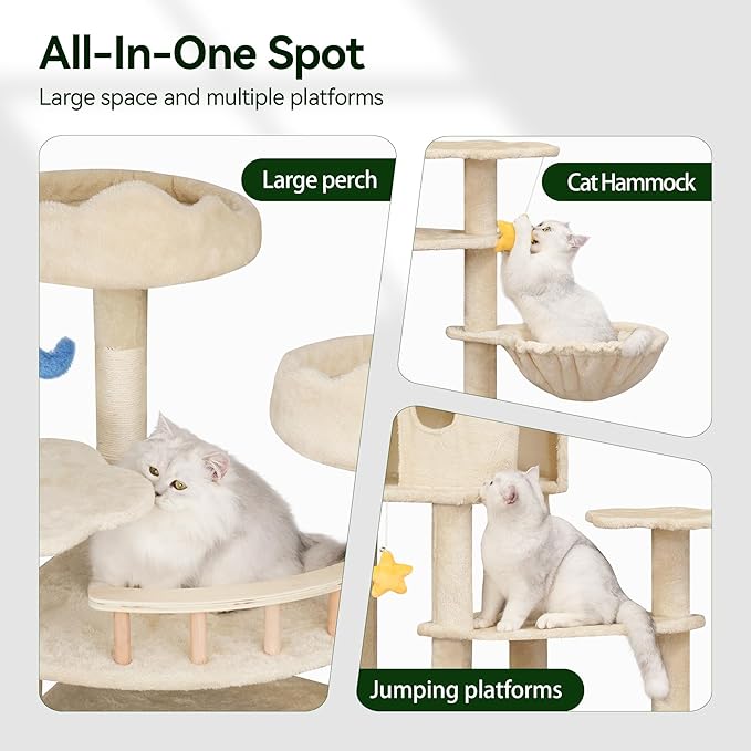 85inch Heavy Duty Cat Tree for Indoor Cats Large Adult, Tall Giant Cat Tower with Scratching Post, Large Perches, Cozy Cat Condos & Hanging Hammocks, Beige