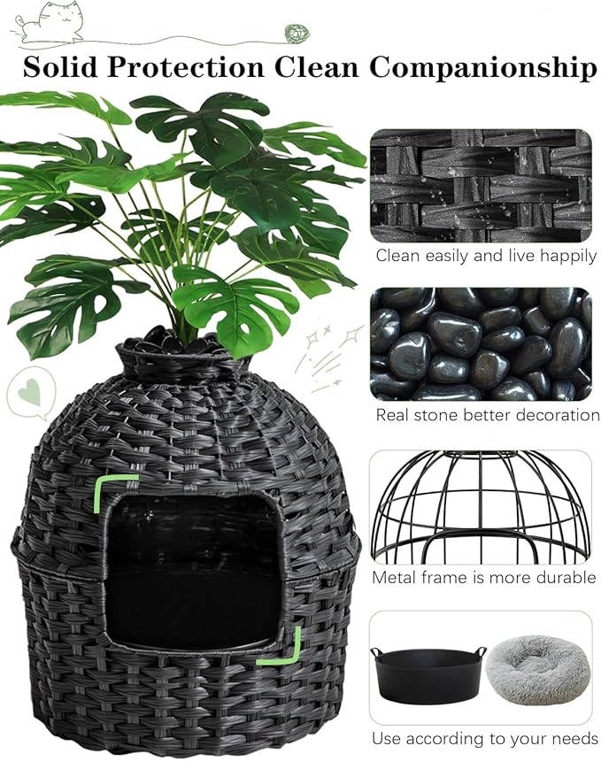 Cat Litter Box Plant Furniture Enclosure, Hidden Handwoven Rattan with Cat Litter Box and Artificial Plants, Odor Control Filter, Real Stones in Living Room, Bedroom, Corner (Black)