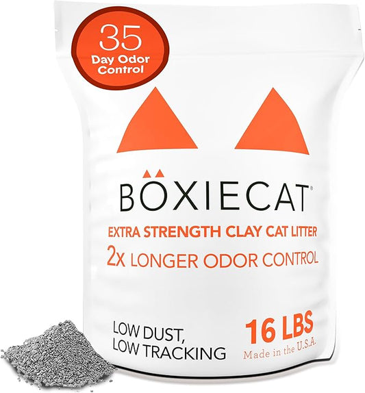 Boxie® Extra Strength 35 Day Odour Control Clumping Clay Cat & Kitty Litter 16lb, 99.9% Dust-Free, Probiotic Formula, Long-Lasting, Veterinarian Approved, Easy Scooping for Multi-Cat Homes