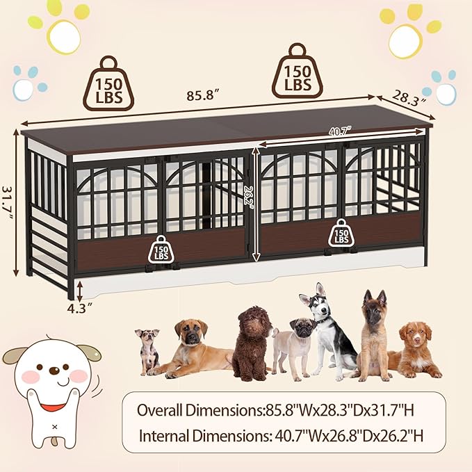COZPAW 86 Inch Double Dog Crate Furniture for 2 Large Dogs, Decorative Dog Kennel Indoor TV Stand, Heavy Duty Wooden Dog Cage for Large Medium Dogs Sized Dog Pet House with Divider (White)