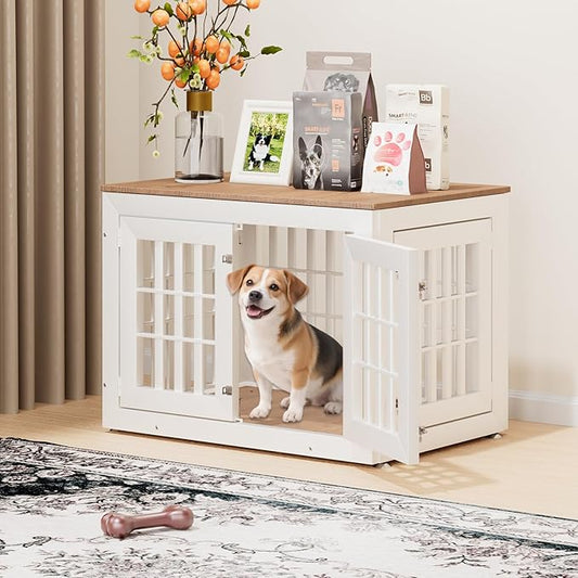 32" Heavy Duty Dog Crate Furniture for Small,Medium and Large Dogs,Rustic Wooden Dog Cage Kennel Indoor Furniture with Waterproof Top,Decorative Pet House Side End Table (White & Wood)
