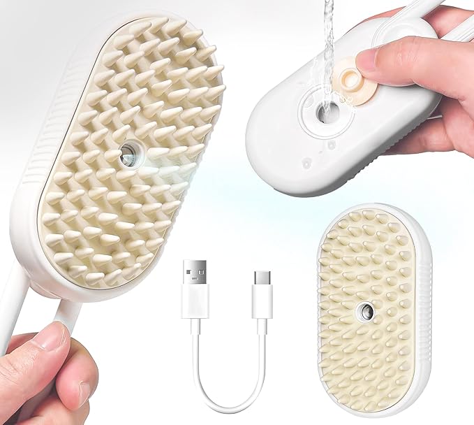 3-in-1 Rechargeable Steam Brush for Cats & Dogs - Anti-Static Spray Pet Grooming Brush with Warm Mist Massage, Hair Shedding Control, Detangling Comb & Cleaning Tool for Effective Deshedding