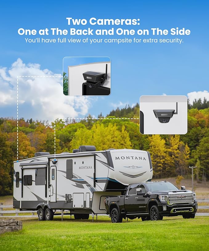 AUTO-VOX Wireless Backup Camera Kit: 5" Monitor, Dual Solar 5A Cams, Bendable Mount – Dual View for RV, Horse/Boat Trailer, Cargo, Campsite & Safe Parking