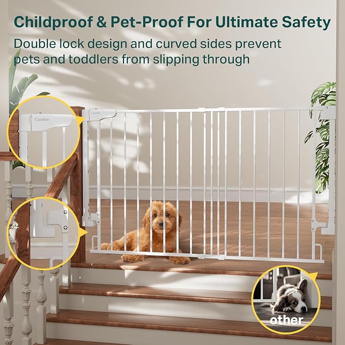 Cumbor 31.6-48" No Bottom Bar Baby Gate for Stairs, 2-in-1 Auto Close Dog Gate Indoor, Hardware Mounted Pet Gate for Doorways with Large Walk Thru Door, Child-Proof Safety Gate for Kids (White)
