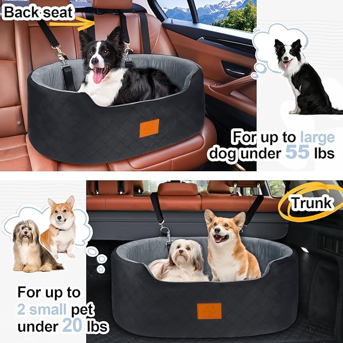 Dog Car Seat for Medium Dogs Up to 50 lbs, Pet Booster Seat for Cars SUVs and Trucks, Travel Dog Bed with Safety Strap, Thick Cushion, Non-Slip Base, Washable and Portable(Black/Gray