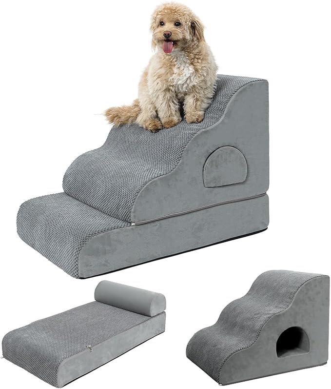 Dog Stairs for Small Dogs 19.7" H, 4-Step Dog Steps for High Bed, High-Density Foam Curved Pet Stairs with Non-Slip Removable Washable Cover to Get on Bed