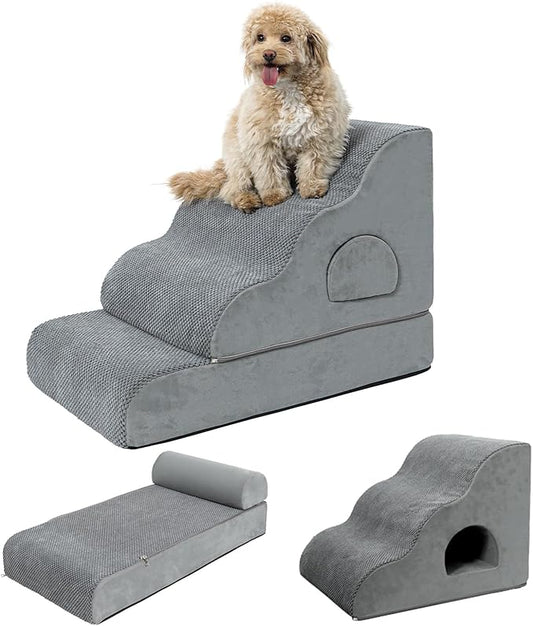 Dog Stairs for Small Dogs 19.7" H, 4-Step Dog Steps for High Bed, High-Density Foam Curved Pet Stairs with Non-Slip Removable Washable Cover to Get on Bed