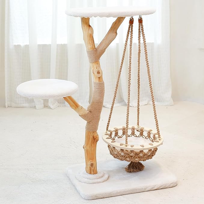 50" Tall Cat Tree Tower, Modern Cat Tree for Indoor Cats, Washable Wooden Perchs and Climbers for Large Cats, Cute Cat Furniture with Unique Cat Swing
