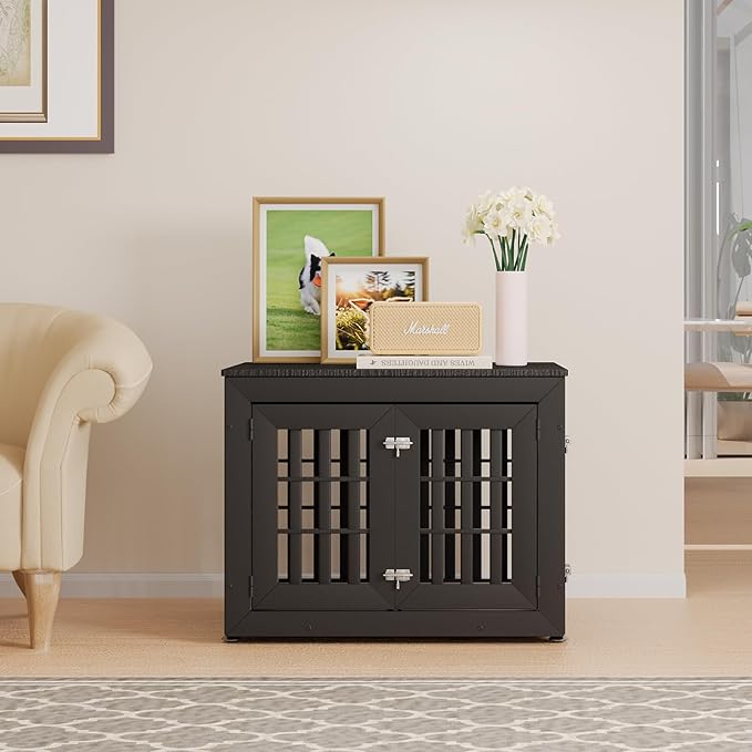 32" Heavy Duty Dog Crate Furniture for Small,Medium and Large Dogs,Rustic Wooden Dog Cage Kennel Indoor Furniture with Waterproof Top,Decorative Pet House Side End Table (Black)