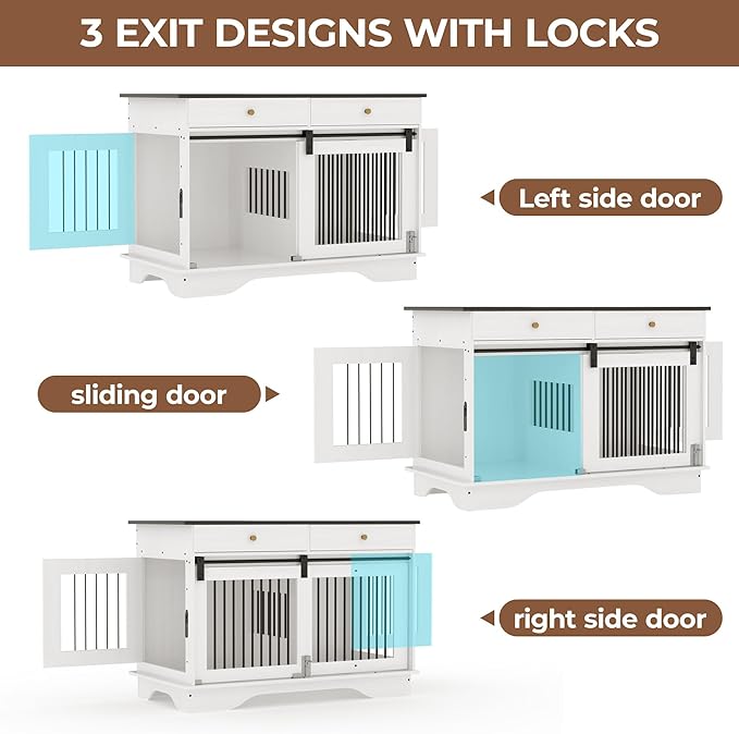 Dog Furniture Crate, 47" Large Dog Crate Furniture w/ 2 Storage Draws & Removable Divider for Large/Medium/Small Dogs (White, Double Cage)
