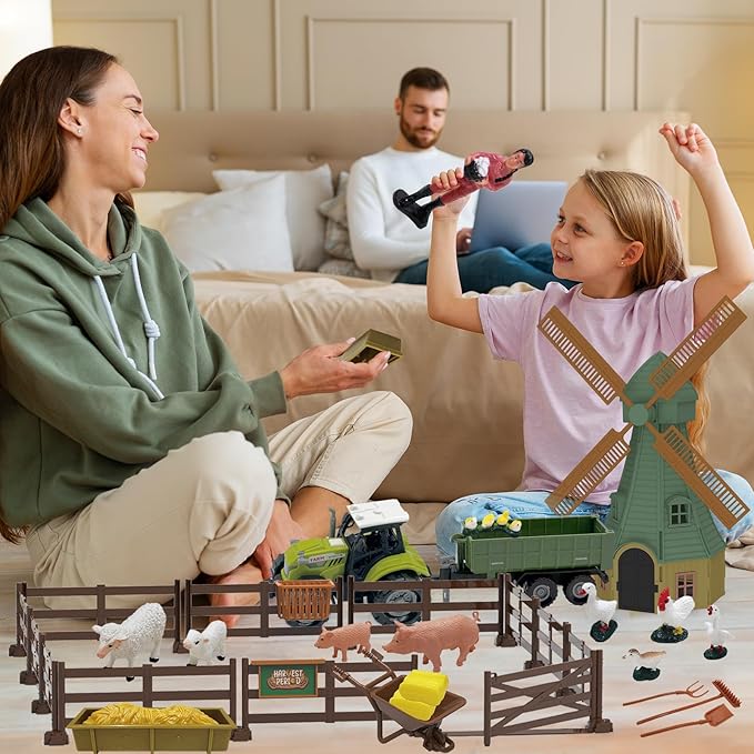 82PCS Farm Animals Toys Set Comes with Tractor Trailer, Windmill, Farmer, Fence - Playset for Kids Toddlers Boys Girls 5+ Years Old