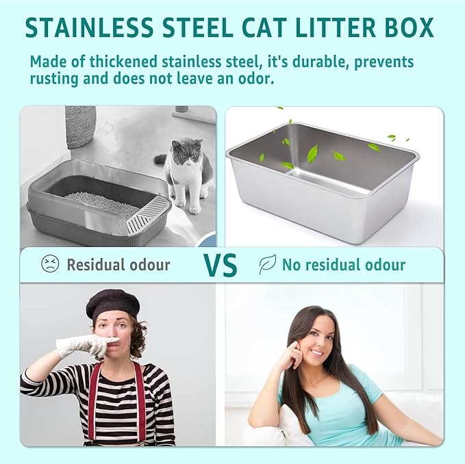 2 Pack Stainless Steel Litter Box-XXL Metal Litter Box for Big Cats 8IN Deep, Cat LitterBox-Pet Toilet Easy to Clean,High Sided Cat Litters Boxes Adult Cats,Non Stick, No Smell