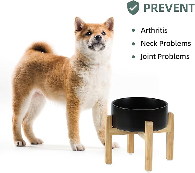 Ceramic Raised Dog Bowl Set, Elevated Dog Bowl with Stand, Food and Water Bowl for Medium Breed Dogs, Weighted Dog Dishes, Pet Bowl(7.3'',41OZ, Black)