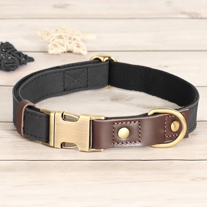 Didog Soft PU Leather Dog Collars for Medium Dogs,Classic Adjustable Dog Collars with Quick Release Metal Buckle,Easy Clean and Comfortable with Nylon Lining,Black,M Neck 13-19"