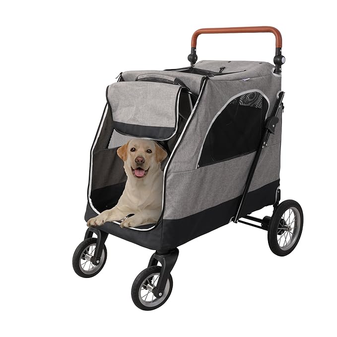 4 Wheel Pet Stroller with Storage Basket - Foldable & Breathable with Mesh Skylight, Large Dog Stroller with Adjustable Handle - Ideal for Travel and Walking with Medium to Large Dogs, Up to 120 lbs