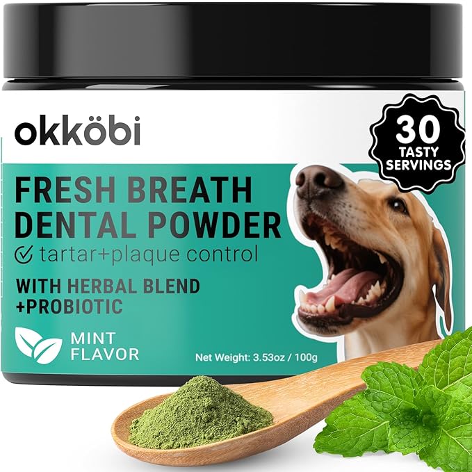 Dog Teeth Cleaning Powder - Dog Breath Freshener + Dental Care for Doggies & Cats + Tartar Remover for Teeth with Natural Ingredients + Probiotics Blend (Mint - 100g)