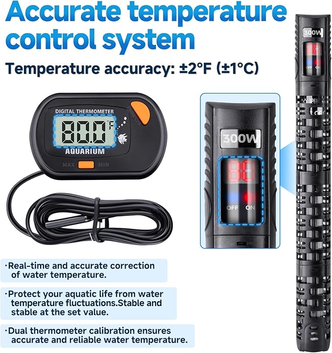 Aquarium Heater Submersible Fish Tank 200W& Turtle Tank Heater with External Adjustment Controller, Included Thermometer, LED Display, Overheat Protection, Detachable Cover, for Saltwater&Freshwater
