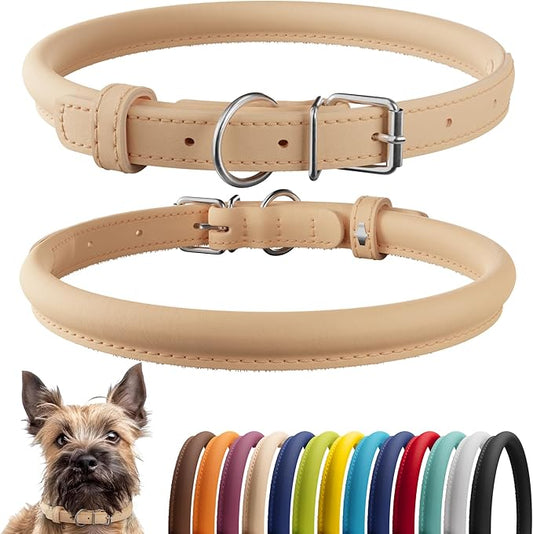 CollarDirect Rolled Leather Dog Collar, Soft Padded Round Puppy Collar, Handmade Genuine Leather Collar Dog Small Large Cat Collars 13 Colors (6-7 Inch, Beige Smooth)