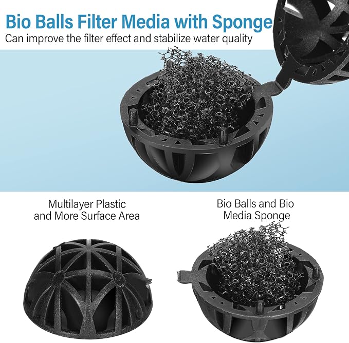 CHENGU 300 Pieces Black Bio Balls for Aquarium 1.02 Inch Internal Bioballs with 5 Pieces Aquarium Filter Media Bags with Zipper for Fish Tank Pond